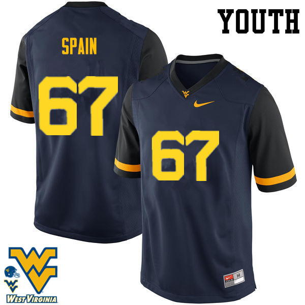 Youth #67 Quinton Spain West Virginia Mountaineers College Football Jerseys-Navy - Click Image to Close